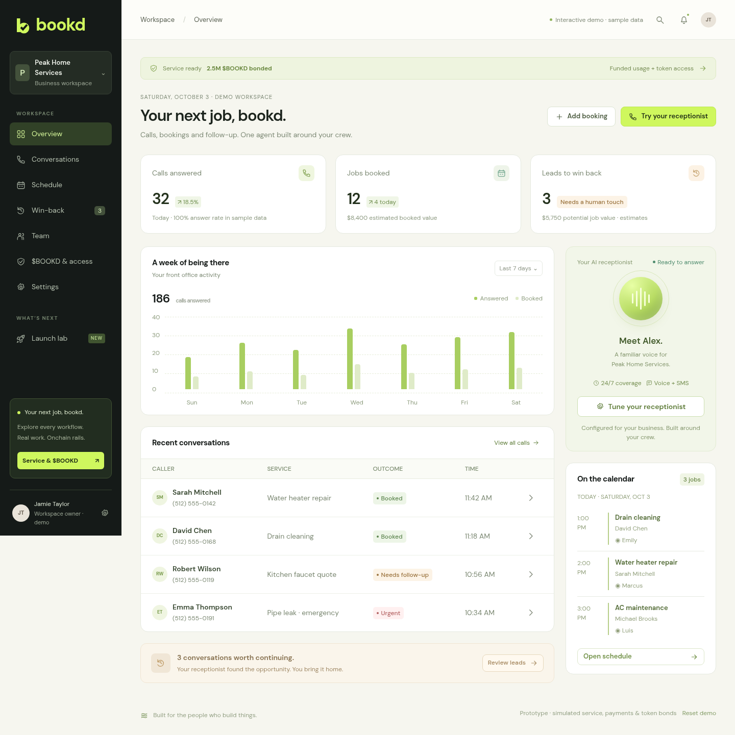 bookd prototype showing sample calls, estimated booked value and the crew schedule